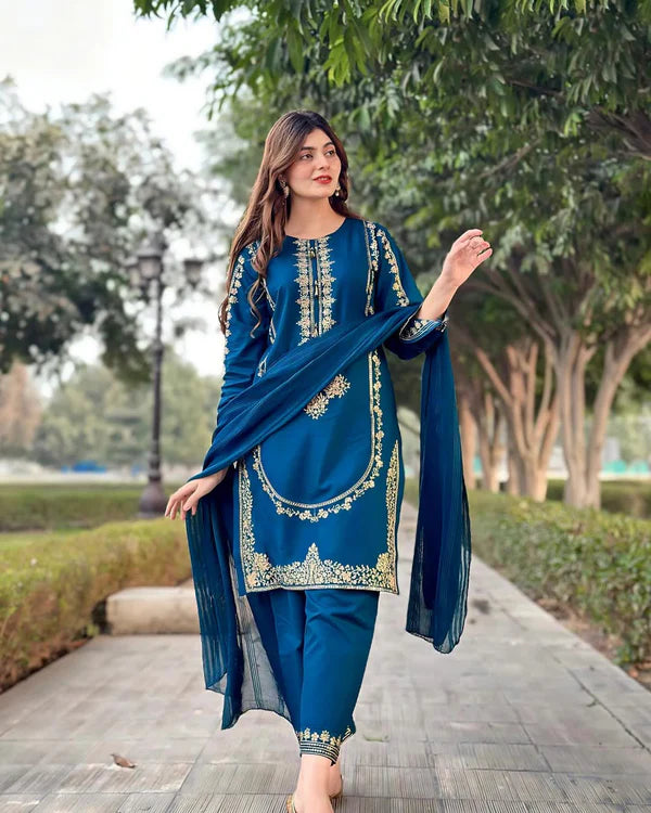 Sequence Embroidered on Shirt, Sleeves with Embroidered Trouser 3PCs