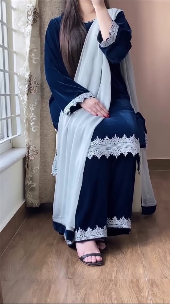 BLUE EMBROIDERED 3PC SUIT WITH WHITE DUPATTA