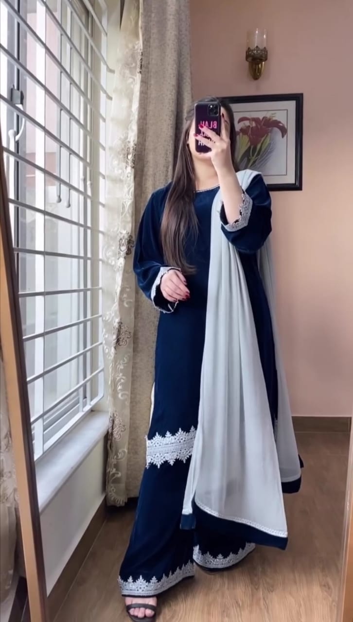 BLUE EMBROIDERED 3PC SUIT WITH WHITE DUPATTA