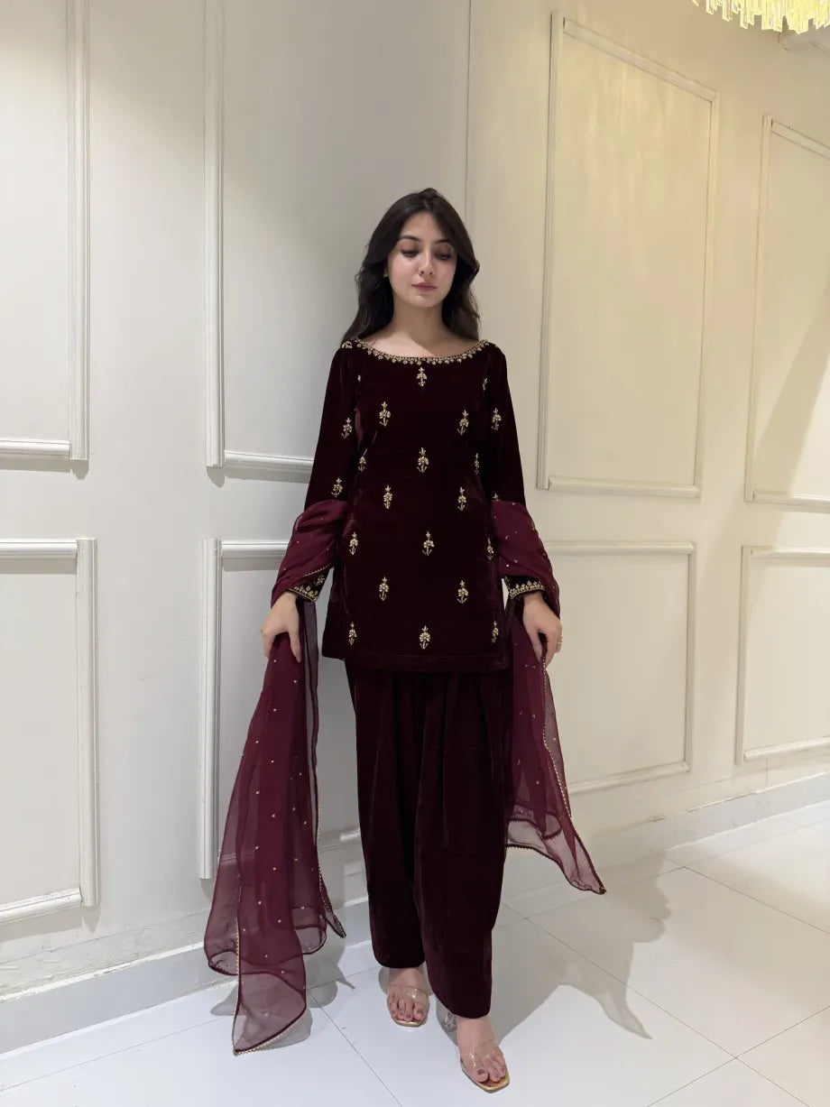 HEAVY EMBROIDERED VELVET 3PC SUIT