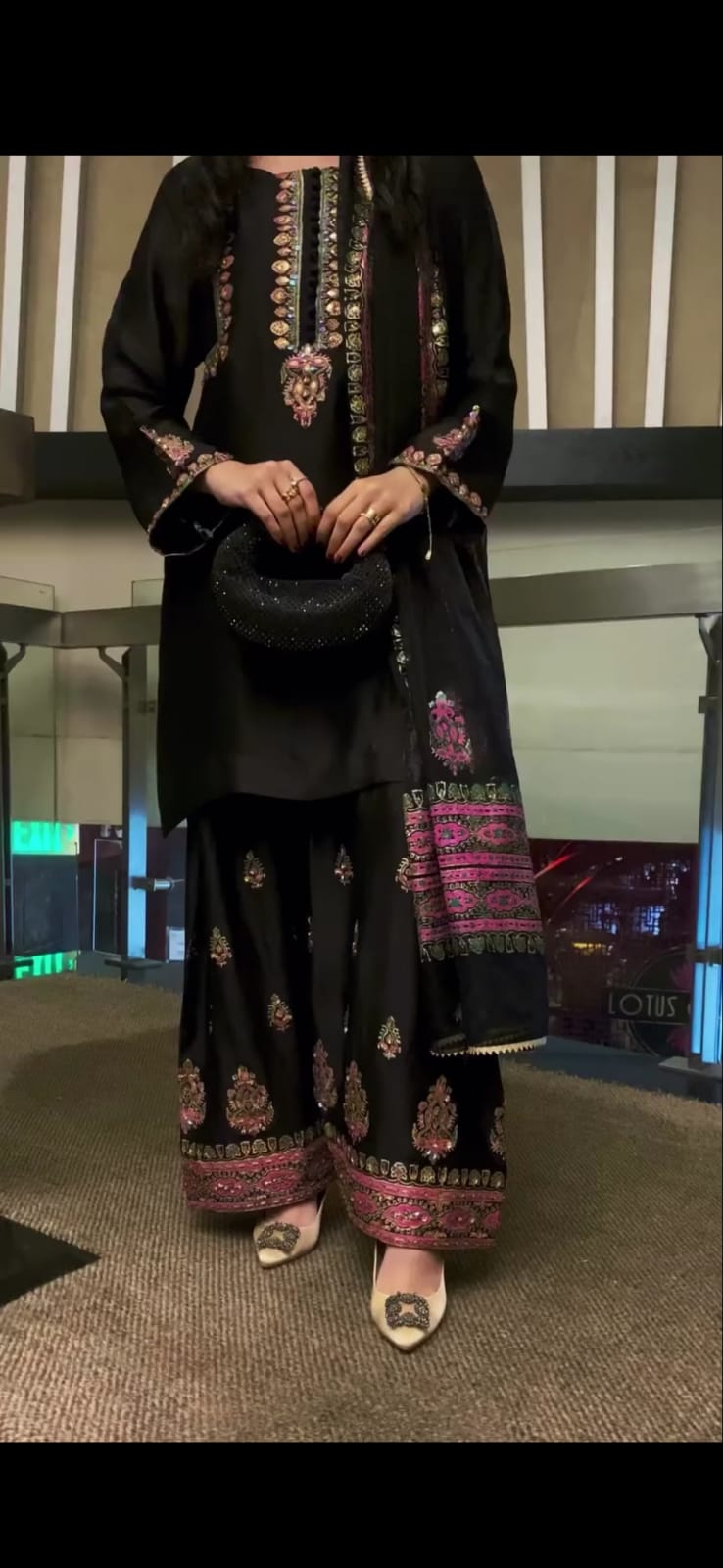 BLACK EMBROIDERED 3PC SUIT WITH FARSHI SHALWAR