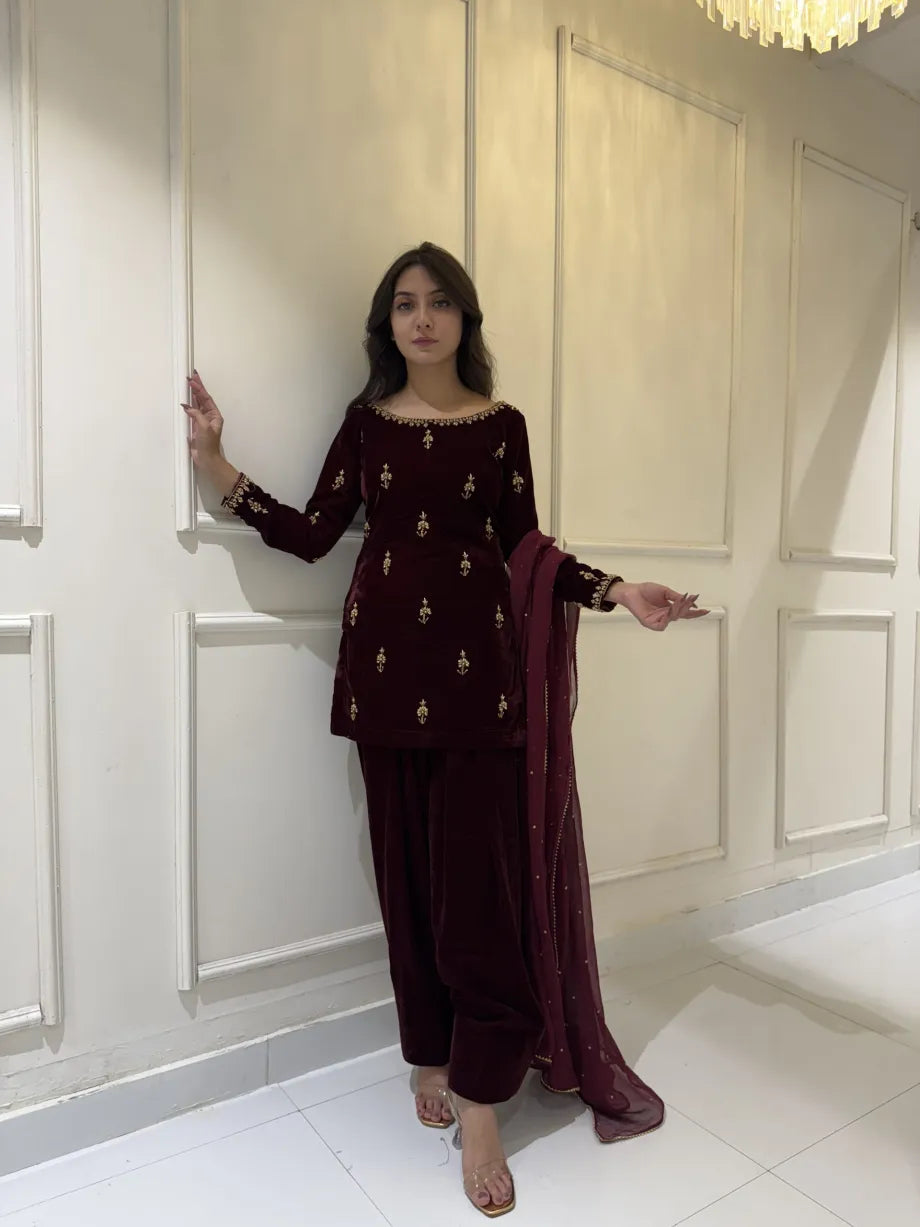 HEAVY EMBROIDERED VELVET 3PC SUIT