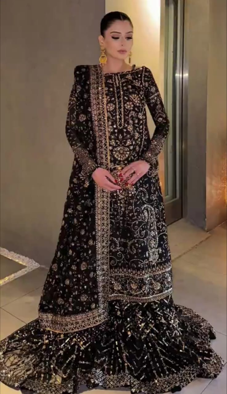 Black Heavy Embroidered Handwork Festive 3Pc Suit
