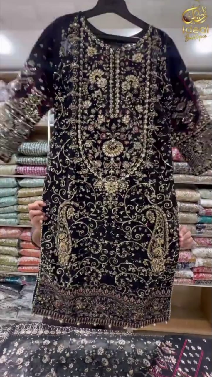 Black Heavy Embroidered Handwork Festive 3Pc Suit