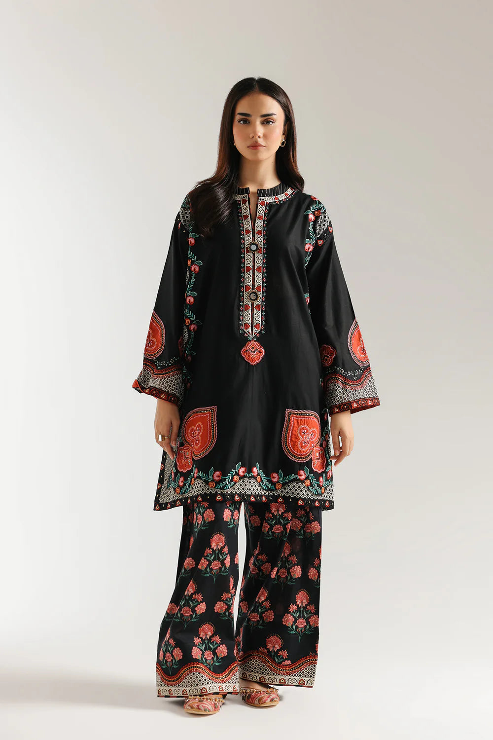 EMBROIDERED SUIT SHIRT – A LINE FIT – ROUND NECK WITH SLIT - FULL SLEEVES – SHORT LENGTH