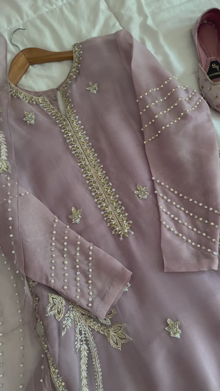Elegant Lilac Organza 3-Piece Dress with Hand Embellishment