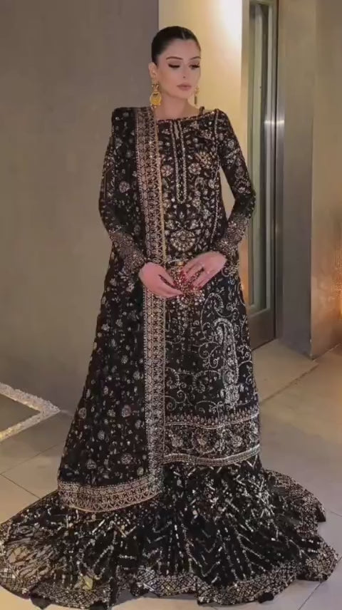 Black Heavy Embroidered Handwork Festive 3Pc Suit