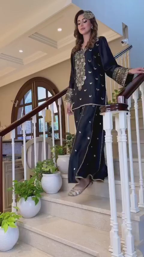 DARK BLUE EMBROIDERED 3PC SUIT SHORT SHIRT