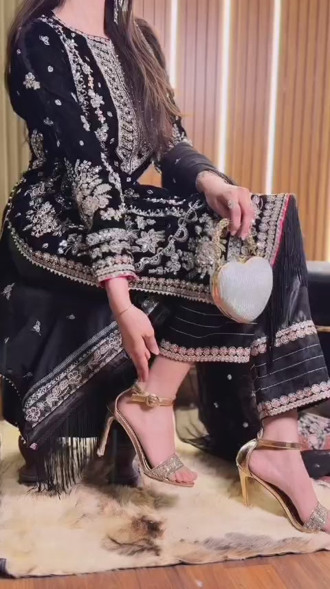 Black Elegant Women’s Heavy Embroidered 3-Piece Suit