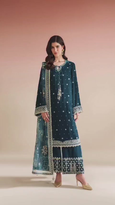 DARK GREEN EMBROIDERED 3PC SUIT LONG SHIRT